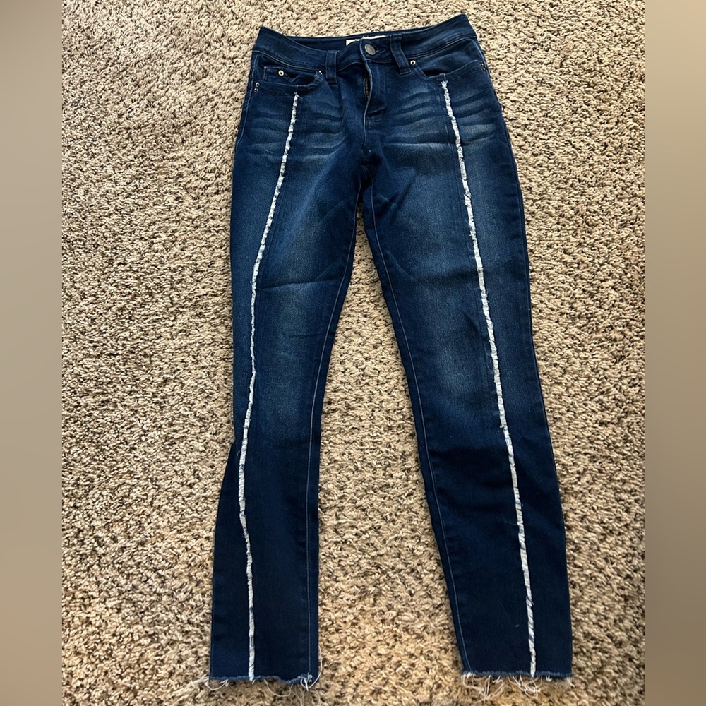 YMI Blue and White Skinny Jeans with Unique Seam Design
